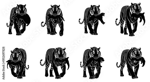 Black tiger silhouettes walking in different poses.