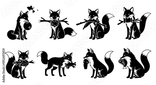 Collection of playful cartoon fox illustrations.