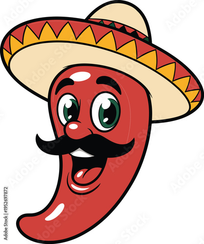 Cartoon red chili pepper character with a mustache wearing a sombrero hat