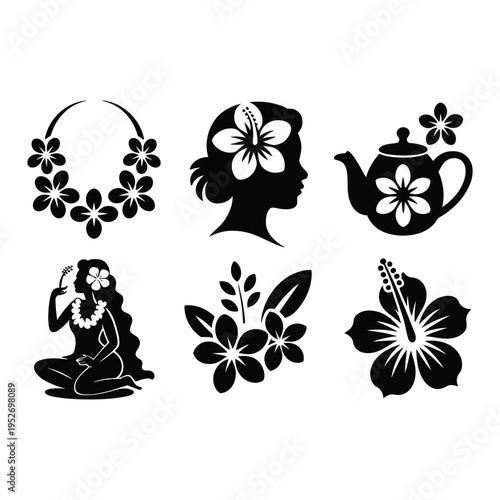 A flower silhouette illustration set with various hibiscus designs and patterns