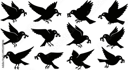 Twelve black bird silhouettes in various poses, each carrying a worm in its beak, depicting different stages of flight and landing.