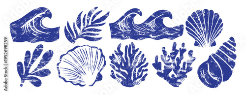 Blue linocut set: scallop shells, coral, seaweed, ocean waves. Handmade woodcut print, vintage nautical marine illustration, grunge texture, monochrome stamp