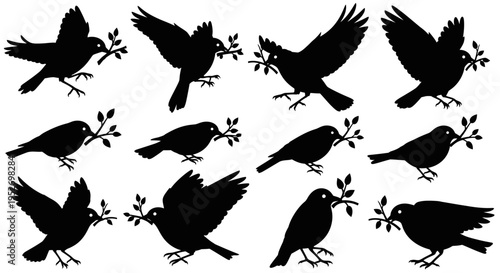 Collection of black bird silhouettes carrying olive branches, symbolizing peace and nature, in various poses.