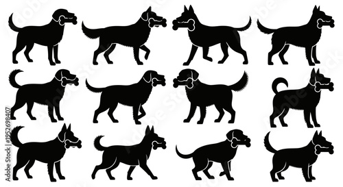 A collection of twelve black dog silhouettes in various poses, some holding bones, against a white background.