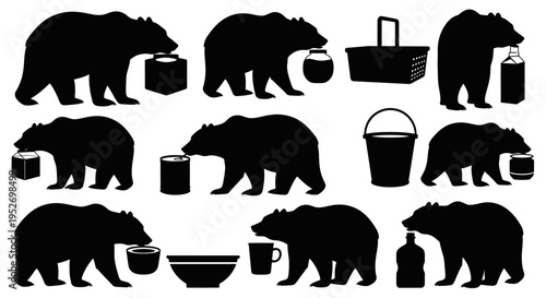 Silhouettes of various bears holding different food and drink containers, alongside separate illustrations of common household and picnic items.