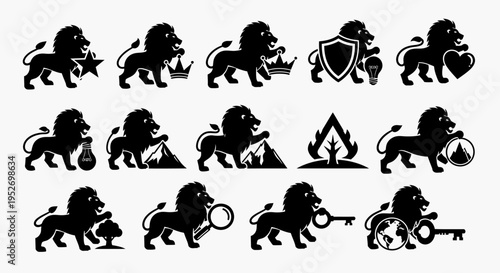 A collection of black silhouette lion icons, each paired with a different symbolic object like a star, crown, shield, heart, money bag, mountain, tree, magnifying glass, key, and globe, representing v