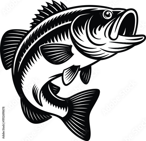 Black and white bass fish illustration jumping
