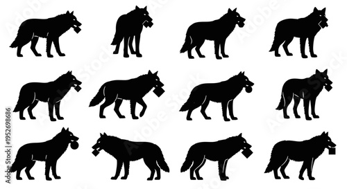 Twelve black wolf silhouettes carrying prey in their mouths, arranged in a grid pattern on a white background.