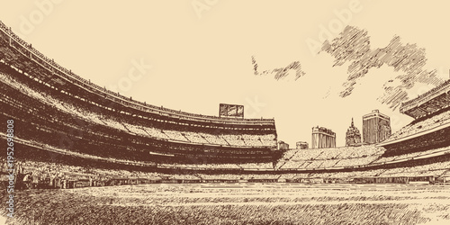 A large soccer stadium packed with spectators, wide-angle, minimalist line vector illustration.