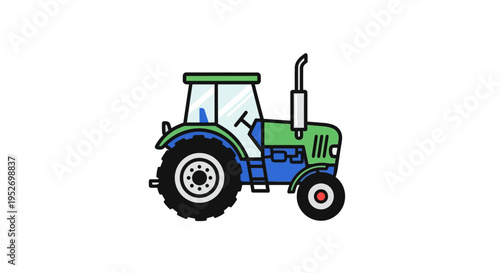 A vibrant and simple illustration of a green and blue tractor on a white backdrop