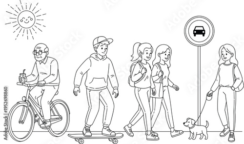 Line art illustration of diverse people enjoying outdoor activities including an elderly man cycling a boy skateboarding and young women walking their dog