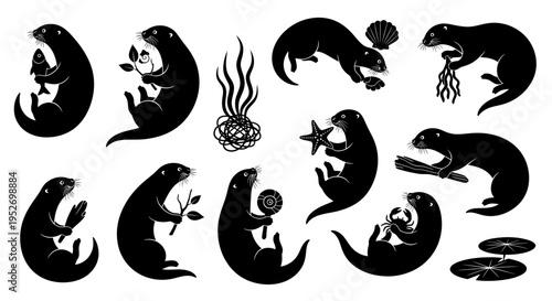 Collection of black otter silhouettes in various poses interacting with marine life and water plants, vector illustration.