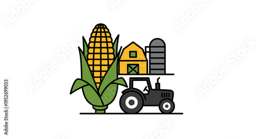 Farm illustration featuring corn, barn, silo, and a tractor representing agricultural lifestyle