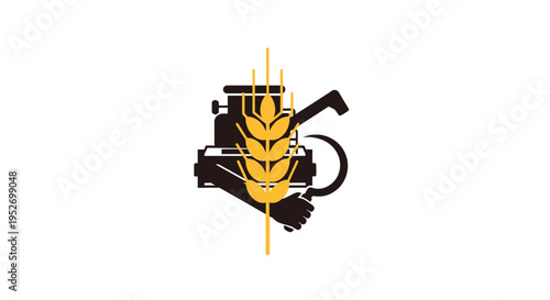 Graphic illustration of a combine harvester with wheat, agriculture symbol on a white backdrop