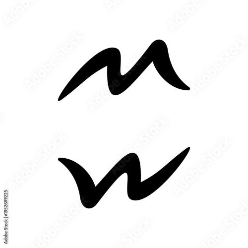 Two stylized black wavy symbols resembling cursive 'm' and 'w' on a white background, hand-drawn or calligraphic.