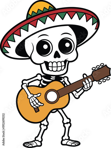 Cartoon skeleton playing acoustic guitar wearing a sombrero for dia de los muertos