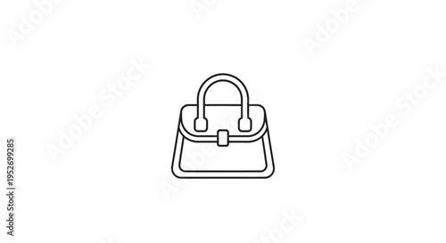 Minimalist black and white outline illustration of a handbag isolated on a white backdrop