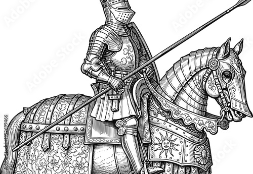 Medieval armored knight in full plate armor riding a caparisoned war horse with lance and sun emblem shield, vintage woodcut engraving vector illustration.