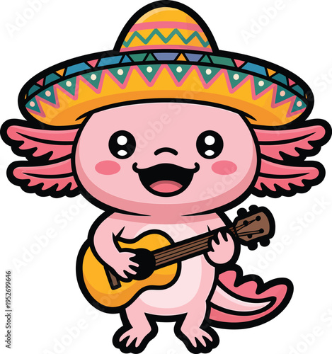 Cute axolotl wearing a sombrero and playing a guitar