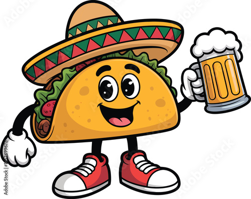Cartoon taco character wearing a sombrero and holding a mug of beer