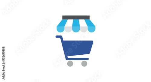 Online store icon featuring a shopping cart and a store awning on a white background