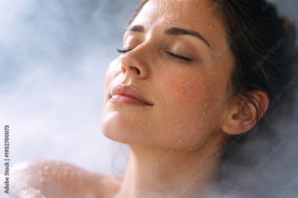 Naklejka premium Serene young woman enjoying a tranquil moment in steam