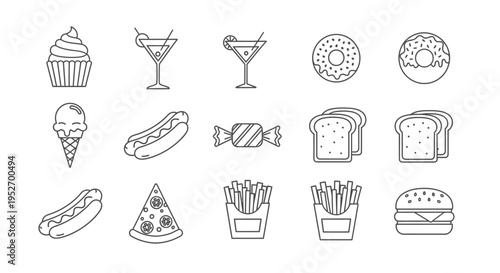 simple outline food and drink icons representing popular fast food desserts and casual beverages as graphic design elements.