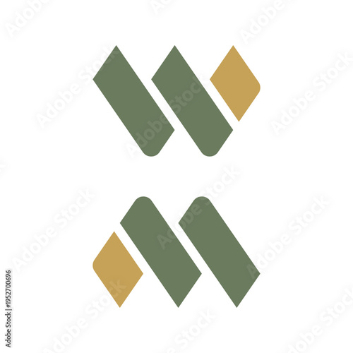 Abstract geometric logo design featuring two stylized interlocking letter-like shapes in muted green and golden yellow, stacked vertically on a white background.