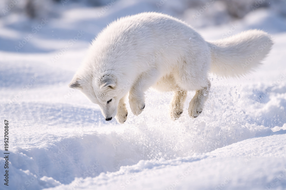 Fototapeta premium Arctic fox jumping playfully in sparkling white snow