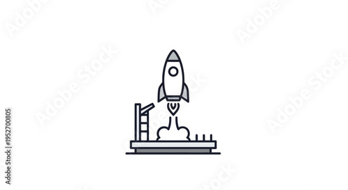 Rocket launch illustration depicting space travel and technological innovation on white background