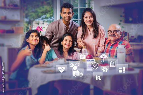 Happy Indian joint family gathering. Infographic highlights senior health cover, family insurance schemes, and saving for education.