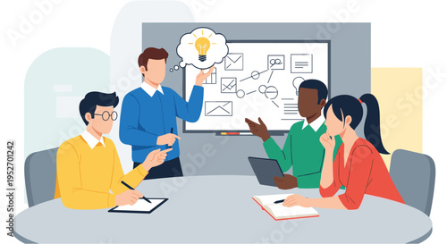 Diverse team brainstorming meeting in modern office with lightbulb idea on whiteboard in flat colorful illustration for business teamwork