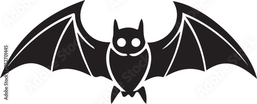 A black and white illustration of a bat in flight with outstretched wings and a smiling face