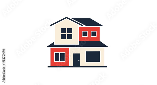 Minimalist house illustration with red, white, and dark blue color scheme on white background