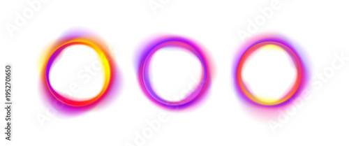 A collection of luminous neon circles floats on a clean white background, blending vibrant gradients with a glossy finish. Each ring radiates soft light with smooth transitions and subtle reflections.