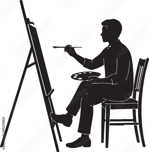 Silhouette of a man painting on an easel with a palette