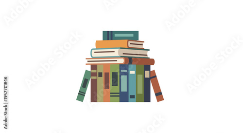 Illustrated depiction of a collection of books arranged in a pile and stack on white backdrop
