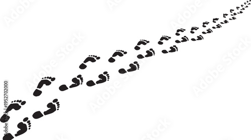 A trail of small black footprints leading diagonally across a plain white background in a winding path
