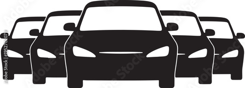 A group of three black cars facing forward in a row on white background