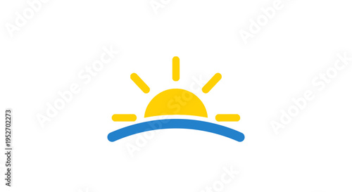 Minimalist sunrise logo design with yellow sun and blue horizon on a white background