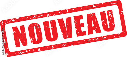 Nouveau. Tampon rouge grunge rectangulaire vectoriel. Illustration dessinée à la main. Français.