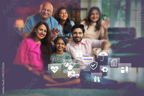 Happy Indian joint family with grandparents and kids on sofa. Infographic shows comprehensive family insurance, medical cover, and life security.