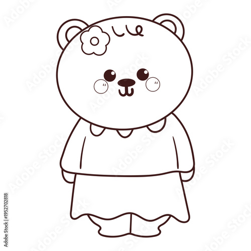 cute coloring page with hand drawn cartoon bear wearing pretty clothes and skirt with cute flower hair pin