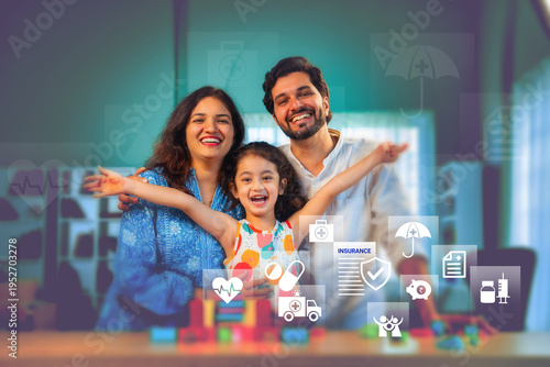 Young Indian parents playing with baby girl and toys. Graphic overlay emphasizes pediatric health cover, childhood accident insurance, and savings.