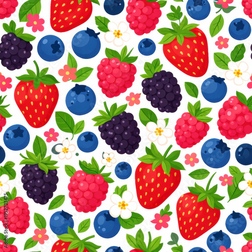 Vibrant Berry Medley Seamless Pattern: Strawberries Blueberries Raspberries
