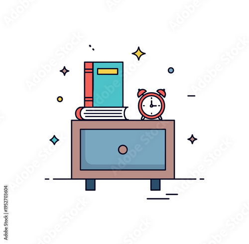 Bedside book minimalist bedroom decor icon showing a compact nightstand with a single book and a tiny alarm clock placed beside it. The composition reflects