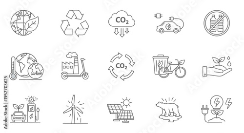 sustainable environment and eco-friendly lifestyle icons depicting green energy recycling global warming and carbon reduction.