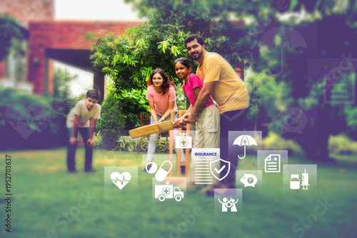 Happy Indian family playing active sports in the park. Graphic overlay emphasizes medical insurance for active families and life security.