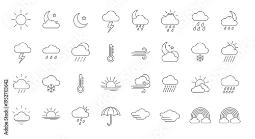 weather icons collection illustrating various atmospheric conditions and daily forecast pictograms for digital interfaces.