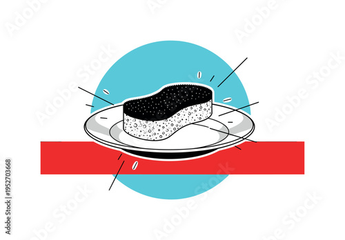 Black and white single plate centered with sponge resting on its edge, bright turquoise circular halo behind, red horizontal bar slicing across lower third